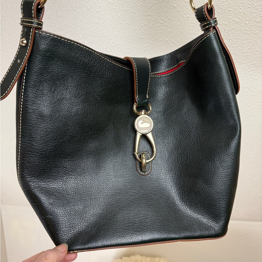 DOONEY AND BOURKE Black Leather Shoulder Bag with hook latch.
